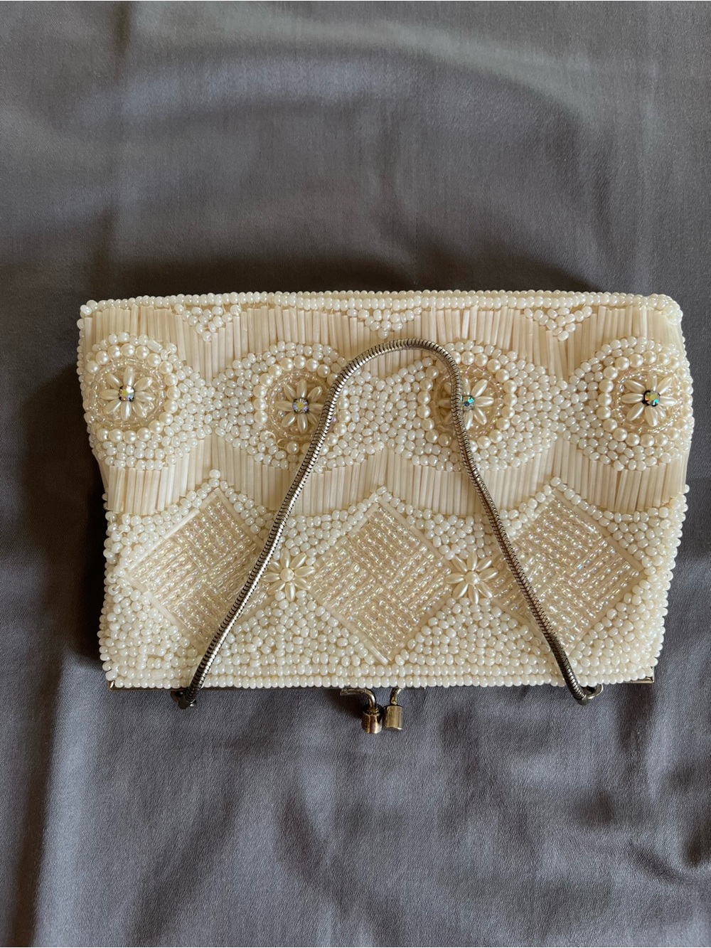 Vintage Ivory Beaded Evening Clutch - Elegant Pearl Detail w Silver snake chain